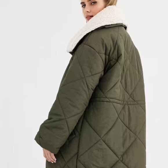 ASOS DESIGN Quilted Maxi Puffer Coat with Borg Collar in khaki - Picture 2 of 10